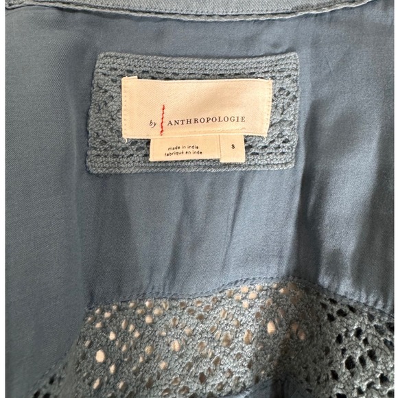 Anthropologie Blue Linen Blend Button Front Dress with Crochet Detail Size S - Picture 3 of 8